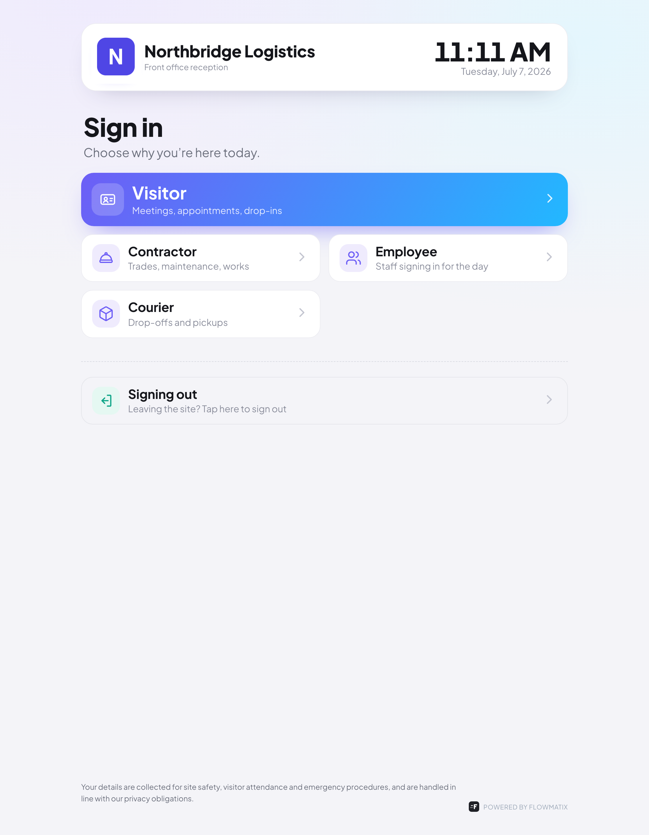The Flowmatix kiosk on an iPad — a contractor completing a site induction and signing the SWMS
